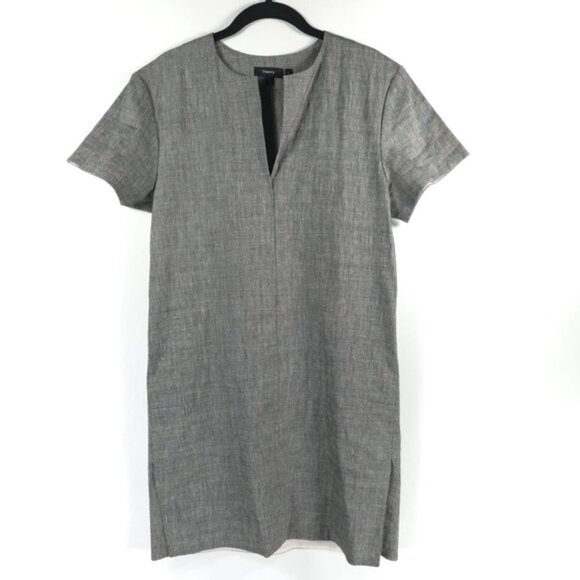 NWT Theory LINEN Blend SLIT FRONT SHIFT Sharkskin Crunch Mini Dress MEDIUM - Picture 7 of 15